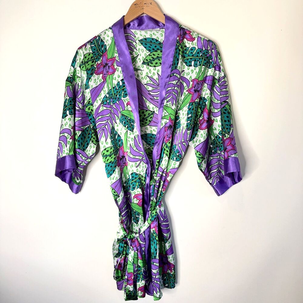 Vintage Body Drama Lingerie Robe Tropical Summer Satin Purple Floral Small